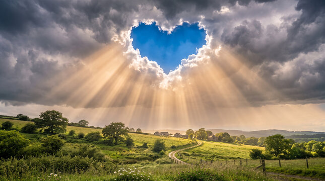 Sun Rays Shining Through Heart Shaped Cloud Over Countryside