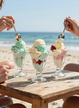 Captures Moment Of Leisure On To Sunny Beach Day Main Subject Ice Cream Sundae Presented In Three Tall Clear Glass Cups Placed Wooden