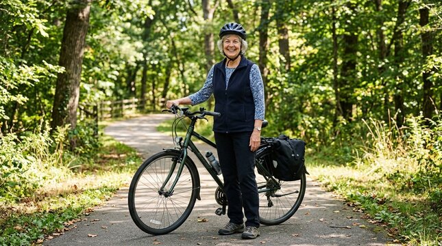 Confident senior woman cyclist with gray hair and blue helmet standing beside her trekking bicycle on a sunny forest path, smiling at camera, lifestyle portrait