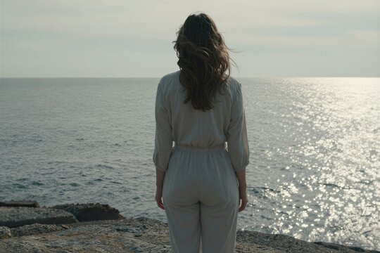 Captures Solitary Figure Standing On Edge Of Rocky Outcrop Overlooking Expansive Body Water To Sea Ocean Given Vastness Reflective