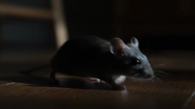 Close-up of a house mouse indoors, exploring wooden floors