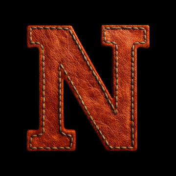 Leather stitched letter N soft texture with visible stitching isolated on black background with clipping path
