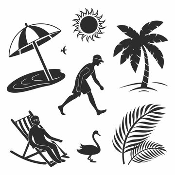 Silhouette beach vacation icons set on white background