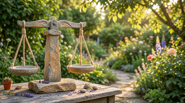 Stone Balance Scale in a Blooming Summer Garden