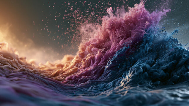 An atmospheric, wide-angle abstract study of vibrant pink and blue paint swirling into fluid, cloud-like patterns in a dramatic, dark environment.
