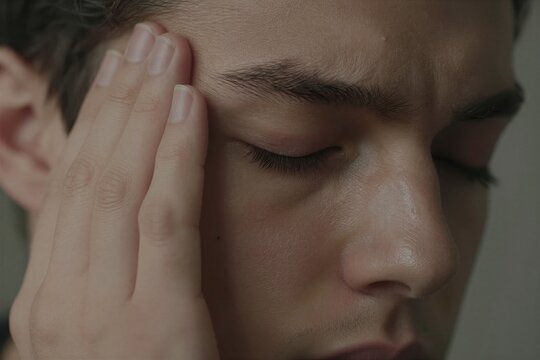 Captures Close Of Individual To In Distress Deep Thought Persons Eyes Closed Suggesting Crying Trying Suppress Tears Right Hand Gently