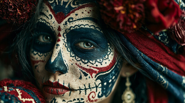 A striking macro portrait of a woman wearing detailed Day of the Dead (Dia de los Muertos) sugar skull makeup, adorned with dark floral accessories and traditional clothing.