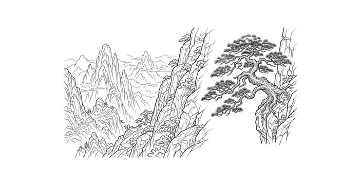 Traditional Chinese Landscape Pine Tree Vector Illustration