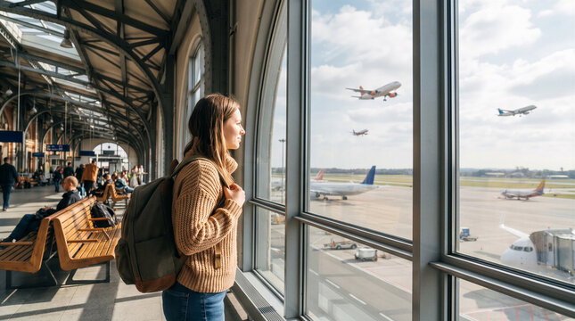 Beautiful woman with backpack at the airport window watching takeoff planes, aviation travel industry anticipation, symbolic journey of departure, freedom, and global adventure