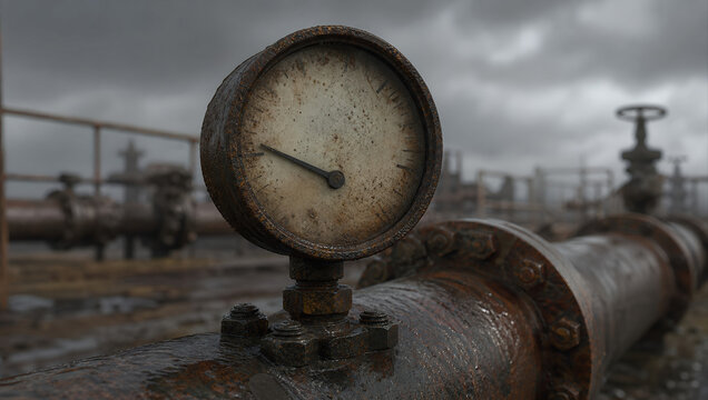 Rusty pressure gauge industrial pipeline metal pipe overcast sky rain corrosion grunge texture old equipment industrial pressure gauge rusty