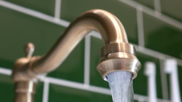 Water flowing from a vintage bronze faucet against a green tiled wall background. Concert - payment of utility bills for water, water consumption in the apartment, clean water from the tap. High quali
