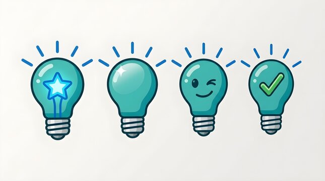 Creative light bulbs with different ideas and achievements, representing innovation and success
