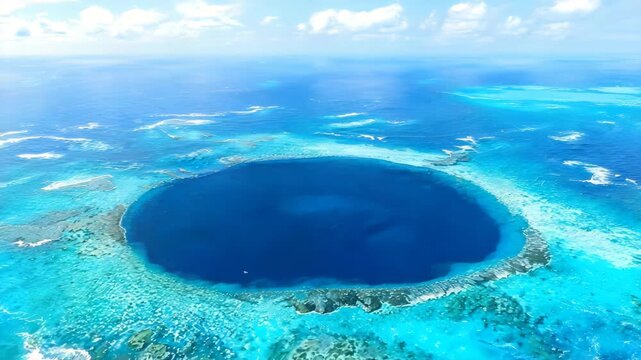 Aerial view of a deep blue ocean sinkhole with turquoise water and tropical island surroundings