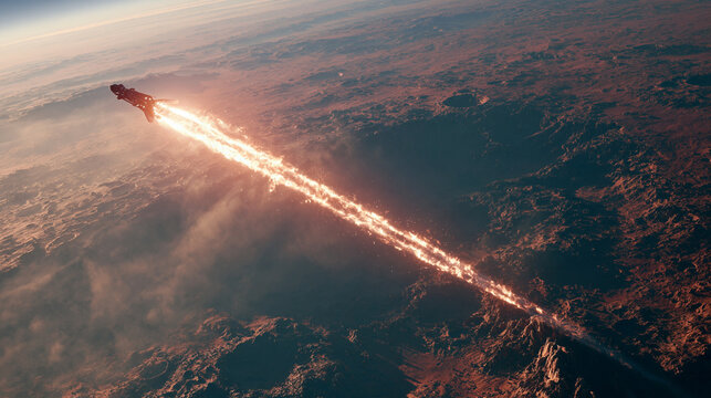 A cinematic, orbital view of a sleek futuristic spacecraft soaring over a vast, rugged alien planet, leaving a trail of fire and exhaust in its wake.