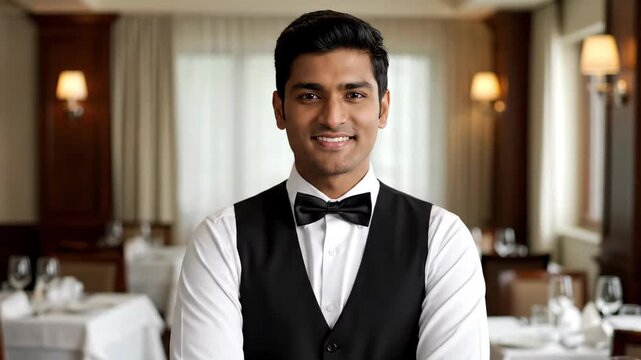 The restaurant waiter smiled at the camera, and the restaurant waiter smiled
