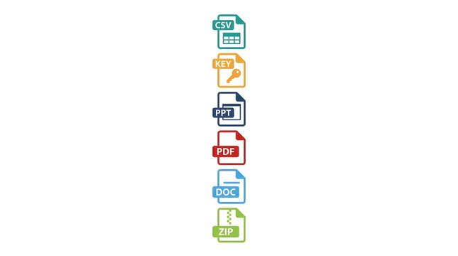 Colorful file format icons set with CSV, KEY, PPT, PDF, DOC, and ZIP extensions