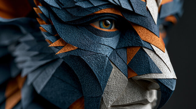 An abstract portrait constructed from intricate, layered geometric shapes in blue, orange, and white, creating a textured sculptural effect.