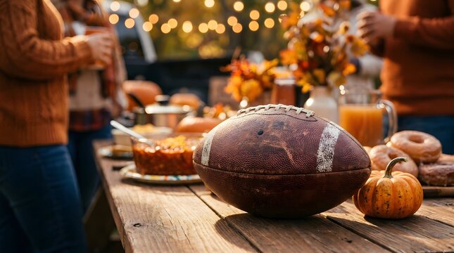 A festive outdoor table setting with a football and autumn treats for a happy halloween celebration party