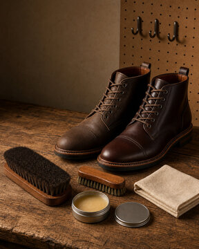 Brown leather cap toe boots with horsehair brush, wax tin and polishing cloth on a rustic wooden workbench, 茶色の革ブーツと馬毛ブラシ・ワックス・クロス 木の作業台