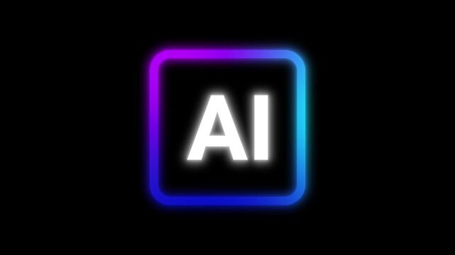 Bold white AI artificial intelligence logo with glowing blue purple gradient border animation on black background. Futuristic tech motion graphic.