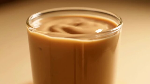 Appetizing close-up shot of a thick, creamy brown beverage swirling in a clear glass, highlighting the dynamic liquid motion and rich texture of the drink.