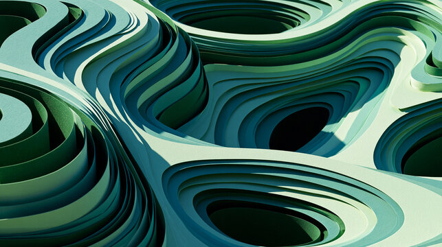 An aerial view of a complex, layered architectural form creating organic, topographical waves in varying shades of green, with deep shadows.