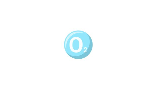 Animated blue oxygen O2 molecule sphere isolated on clean white background. Modern medical, health, and scientific concept motion graphic element.