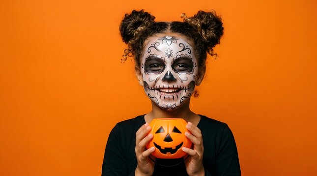 A young girl with spooky skull face paint holding a small pumpkin for a fun happy halloween celebration