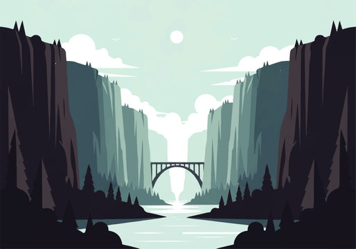 Flat design illustration of a majestic bridge spanning a wide river canyon with steep cliffs and pine trees