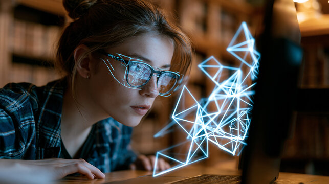A medium shot of a young woman at a wooden desk in a dimly lit library environment, focused on a glowing blue geometric data visualization on her computer screen.