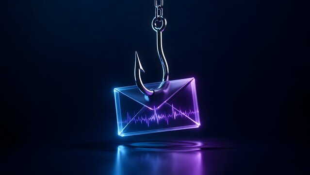Cyber security concept of phishing attack with metal hook catching glowing digital email envelope, internet scam and data theft