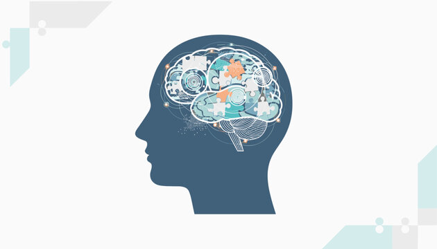 Concept of mental health and psychology with a human head silhouette containing complex brain puzzle pieces.