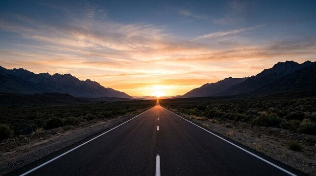 Empty straight asphalt highway stretching toward glowing sunrise between silhouetted mountain ranges at golden dawn in vast open landscape