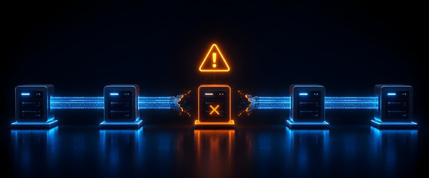 Data center server failure and network outage concept showing broken glowing connections and neon warning sign