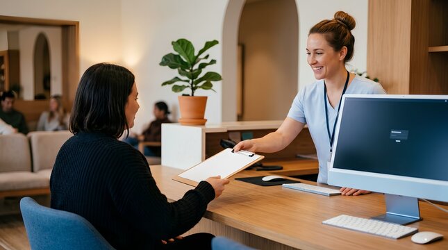 Friendly receptionist in pale blue uniform sliding clipboard across counter to female patient at modern clinic reception desk with computer, plant, and cozy waiting area