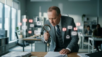 Fototapeta premium Focused businessman in suit leaning over office desk, inspecting scattered documents through magnifying glass while digital alert envelopes and notification icons float mid-air in modern corporate