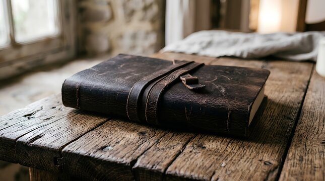 Dark vintage leather journal with wrap-around buckle strap resting on rustic weathered wooden table bathed in soft natural daylight, nostalgic still life concept