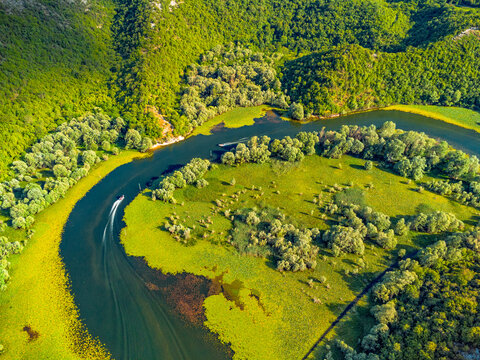 Rijeka Crnojevica river forming a horseshoe bend, flowing through lush green hills and wetlands in Lake Skadar national park