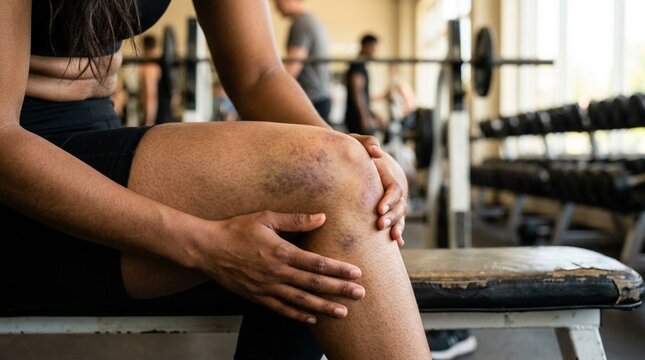 Close-up of athlete's injured knee with visible bruising and discoloration, hands gently holding joint, gym weight bench background, sports injury rehabilitation concept