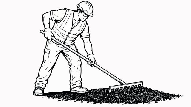Construction worker using garden rake on soil, manual laborer in safety vest and hard hat, black and white line art vector illustration