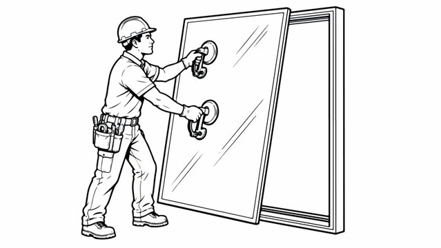 Professional glazier installing glass window with suction cups, construction worker fitting glass pane into frame, black and white vector illustration