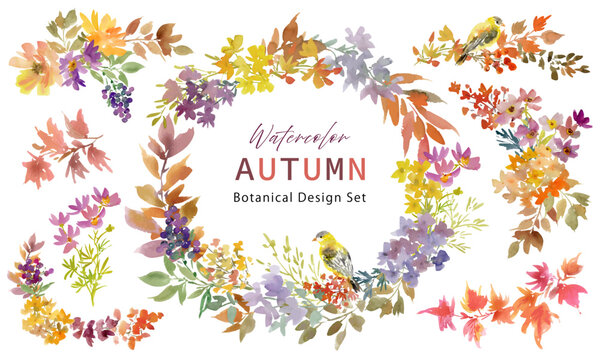 Watercolor autumn botanical frame and decoration set with abstract hand-painted autumn wildflowers, leaves, berries, and birds for greeting cards, stationery, and surface design
