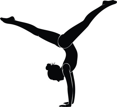 Black and white silhouette of a female gymnast performing a handstand with legs split woman