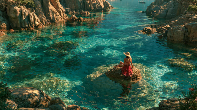 An elevated environmental wide shot of a woman in a sun hat and red dress sitting on a rock in a secluded rocky cove with crystal clear ocean water.