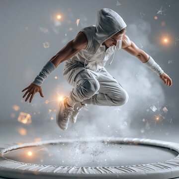 Athletic man leaping above circular trampoline in smoky urban studio with bent knees, extended arms, dramatic sparks, strong lighting, and intense energy, with man, athlete, jump, trampoline detail