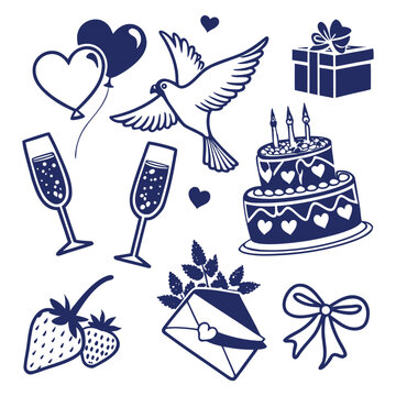 Elegant celebration icons set in purple silhouette style