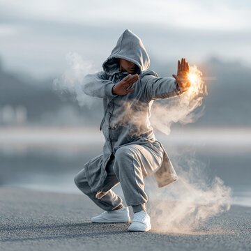 Child practicing martial arts stance on outdoor pavement with controlled fire from hand and swirling smoke under soft overcast light, with child, kid, martial, arts detail