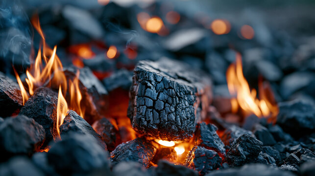 A close-up shot of texture-rich black charcoal blocks burning inside a fire pit, showcasing glowing orange embers and bright flames.