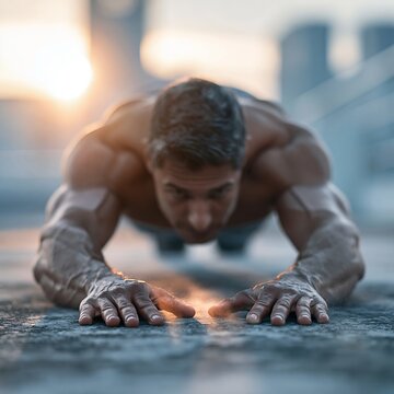Muscular man doing plank pushup on urban rooftop at sunrise, showing defined chest, shoulders, arms, core strength, sweat, focused posture, and warm rim light against soft skyline