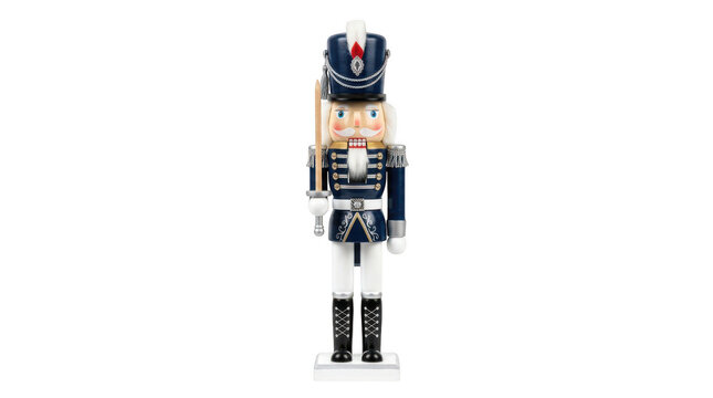 Traditional blue nutcracker soldier holding a wooden sword isolated on transparent background